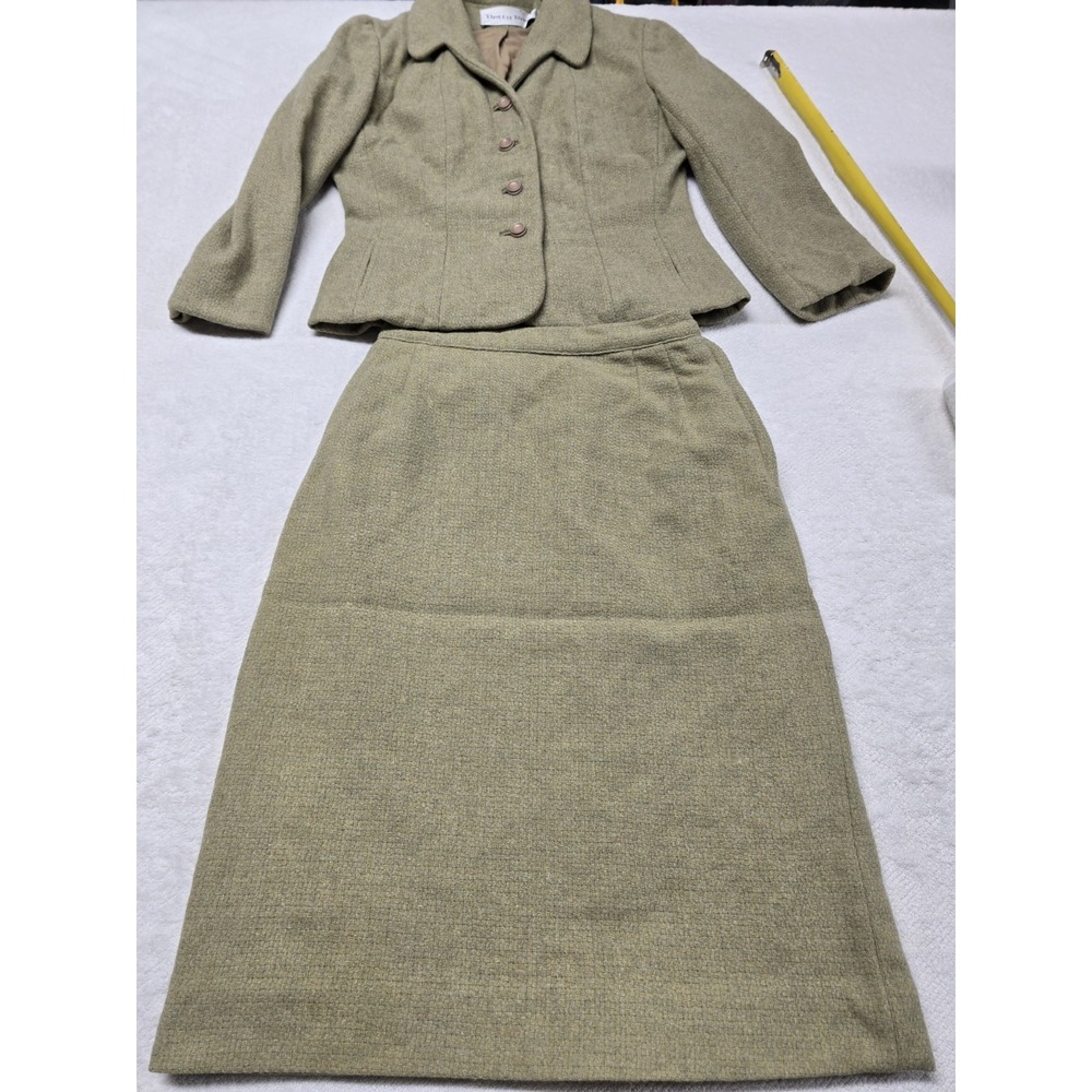 Vintage Betty Rose Olive Green Tweed Skirt Suit Set Women's Blazer Jacket Midi